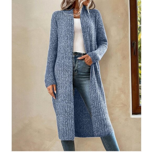 Sweaters - Blue Marled Drop Shoulder Duster Cardigan